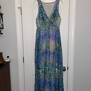 Sleeveless V-Neck Floral Maxi Dress in Turquoise & Purple